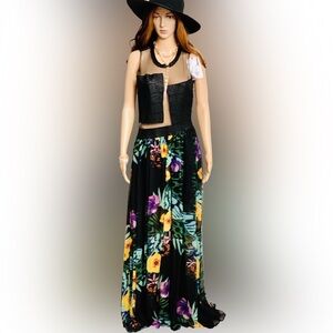Black Floral Maxi Skirt with Yellow & Purple Blooms